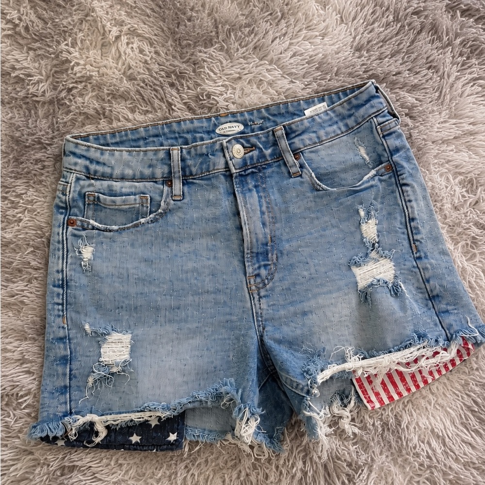 Old Navy Light Blue Distressed Denim Shorts with American Flag over sized pocket